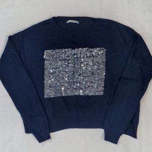 Zara Navy Fine Knit Cropped Top With Sequins